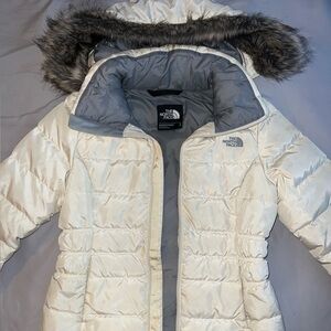 The North Face Cream Fitted Puffer Jacket with Removable Faux Fur Hood
